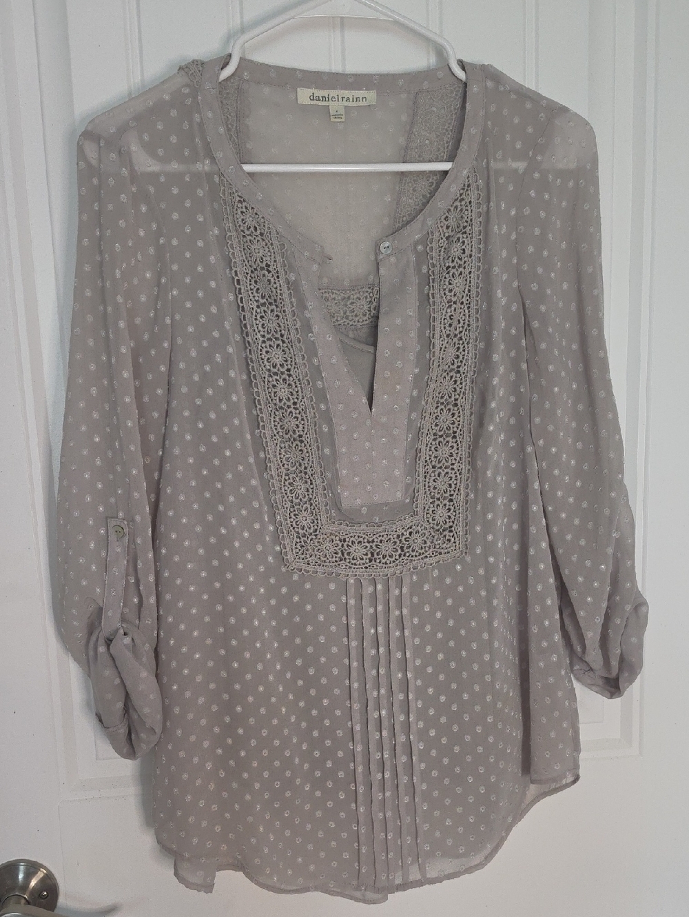 Daniel Rainn Taupe Polka Dot Lace-Trim Peasant Blouse
